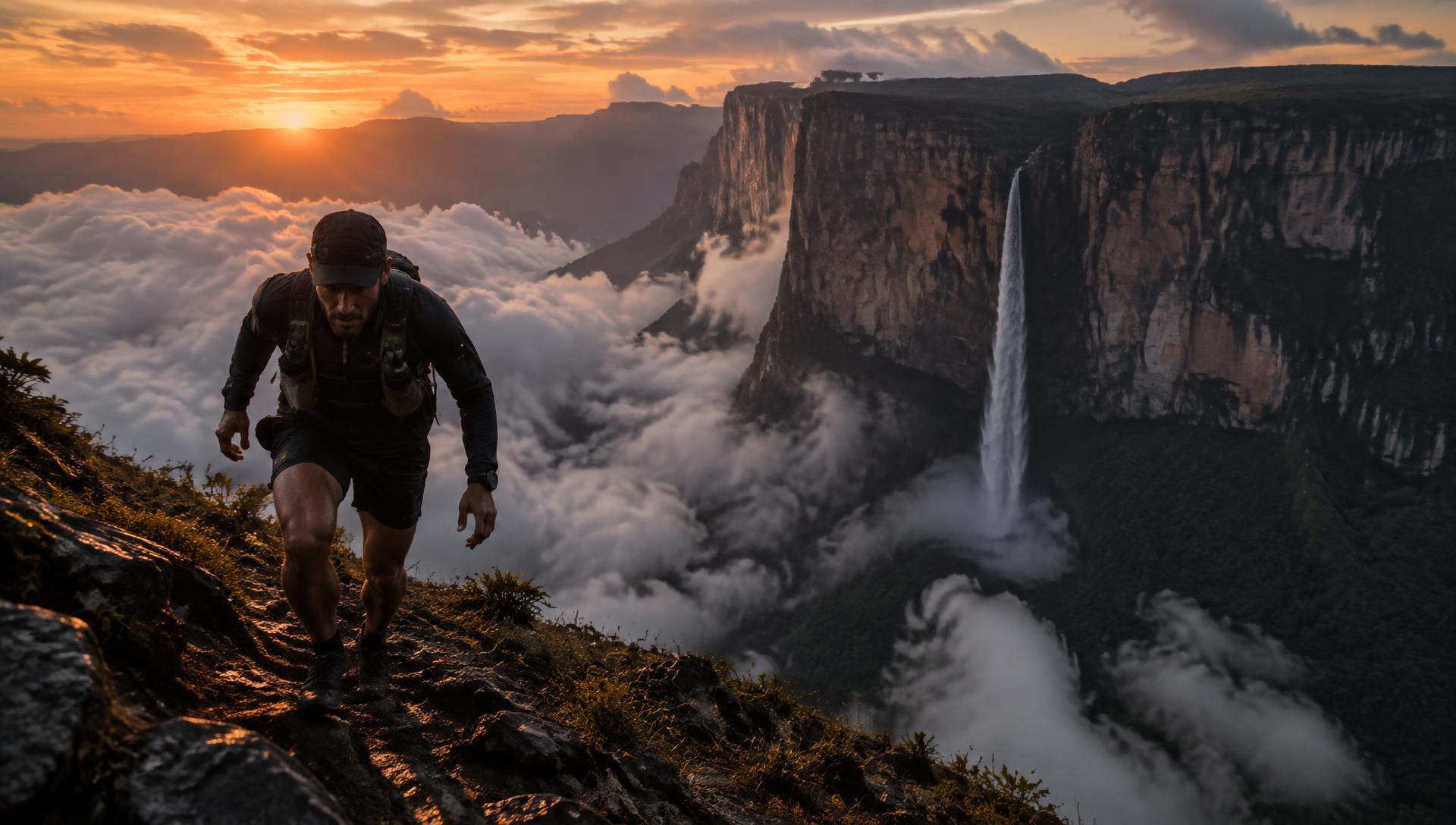 Corredor ascendiendo una cresta frente al Salto Ángel al amanecer